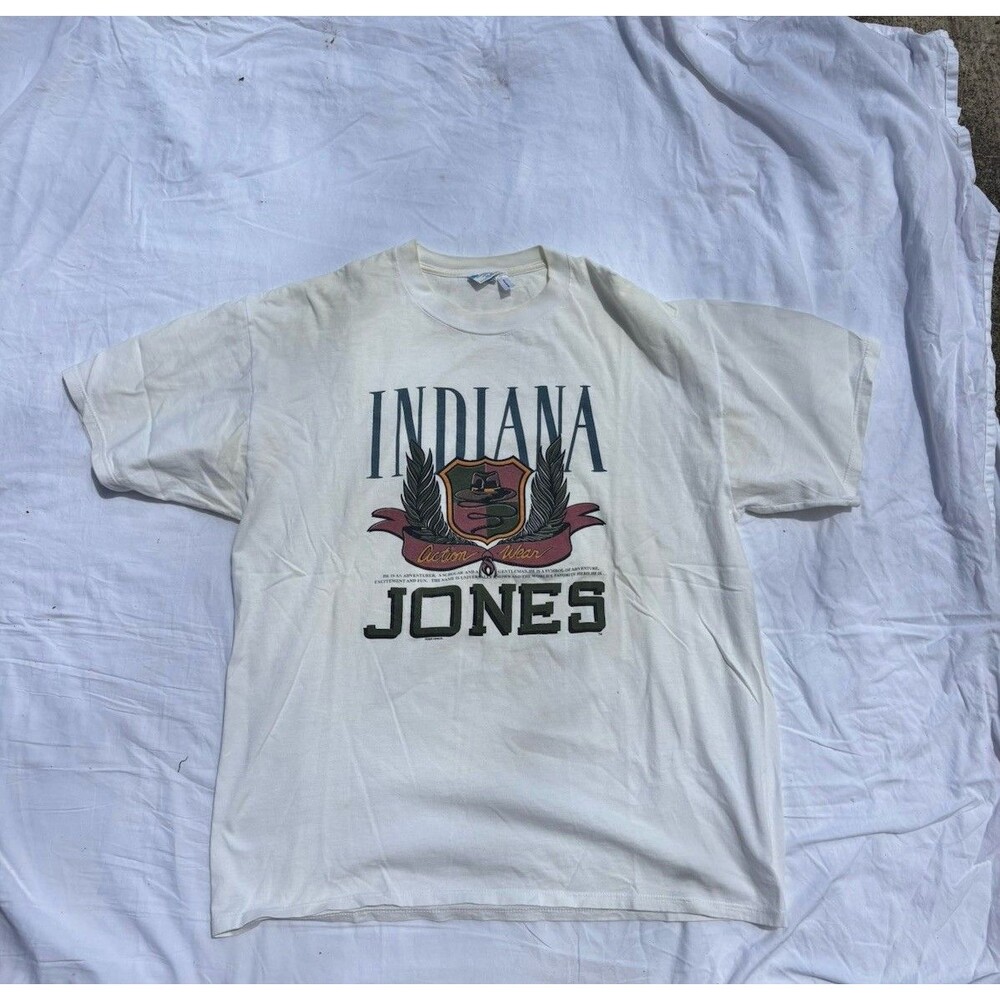 Vintage 90s Indiana Jones Action Wear Tee Shirt White XXL - Graphic Disney Rare